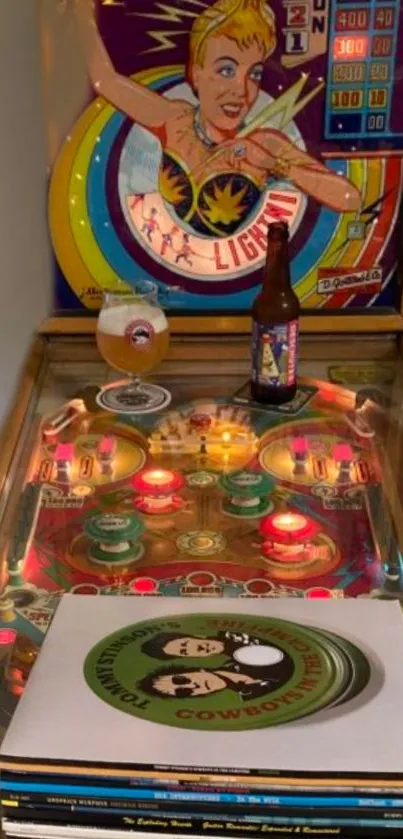 Retro pinball machine with colorful design and vintage style.