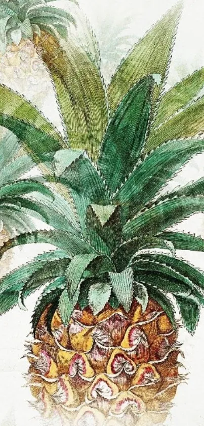 Vintage pineapple wallpaper with green leaves on a textured white background.