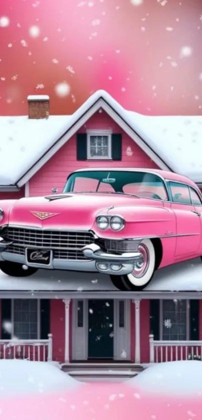 Vintage pink Cadillac on snowy house background.