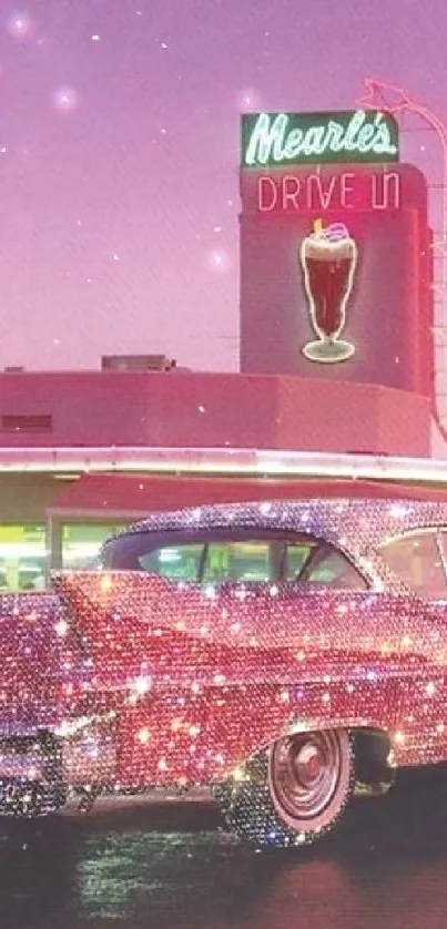 Sparkling pink vintage car at a neon-lit drive-in at night.