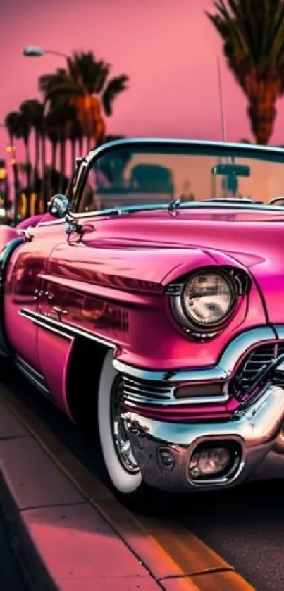 Pink Cadillac cruising at night under city lights.