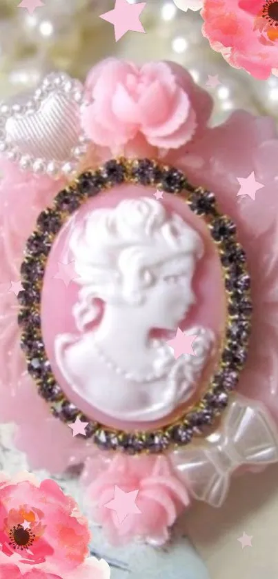 Vintage pink cameo artwork with floral accents and pearls.