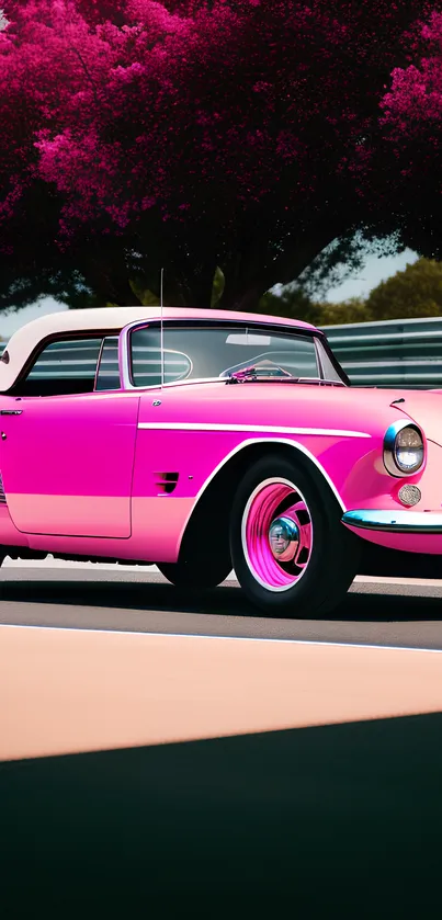 A vintage pink car with a vibrant backdrop, perfect for unique wallpapers.