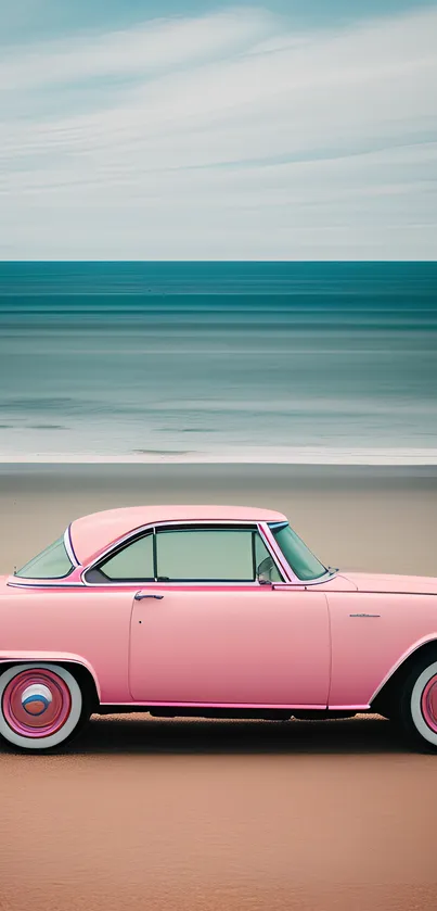 Vintage pink car on a tranquil beach setting with ocean backdrop.