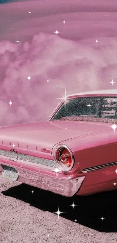 Vintage pink car against a dreamy pink cloud backdrop.