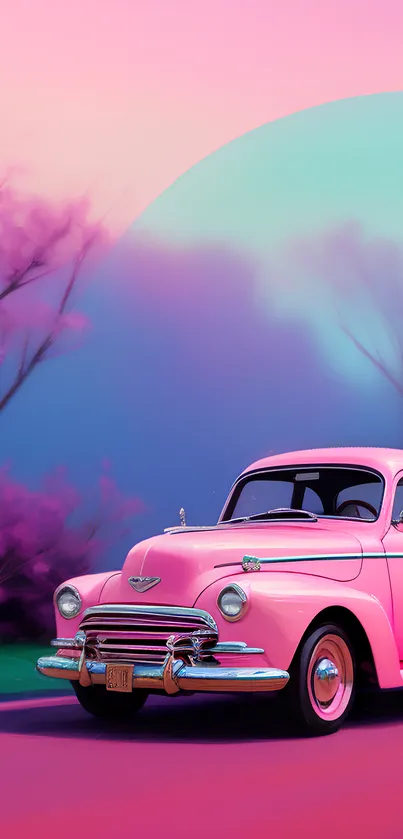 Vintage pink car under pastel sky and serene sunset scene.