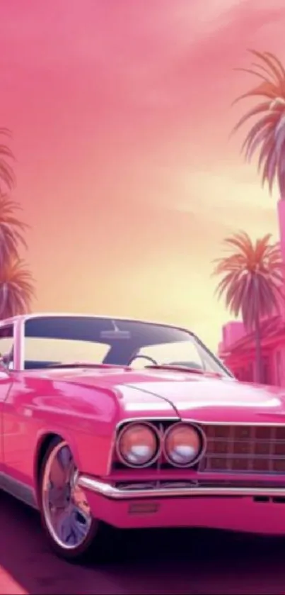 Vintage pink car with palm trees at sunset background.