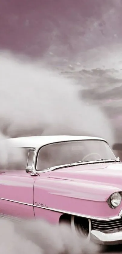 Vintage pink car emitting smoke on a scenic background.