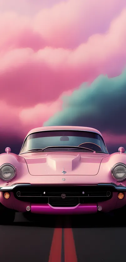 Vintage pink sports car under a colorful sky.