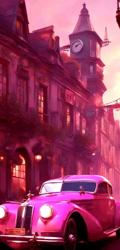 Vintage pink car on historic street at sunset.