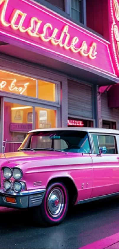 Vibrant pink vintage car with neon lights in an urban street setting at night.