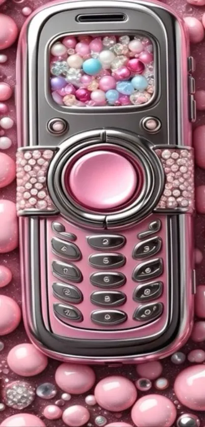Vintage mobile phone with pink and pearl accents.