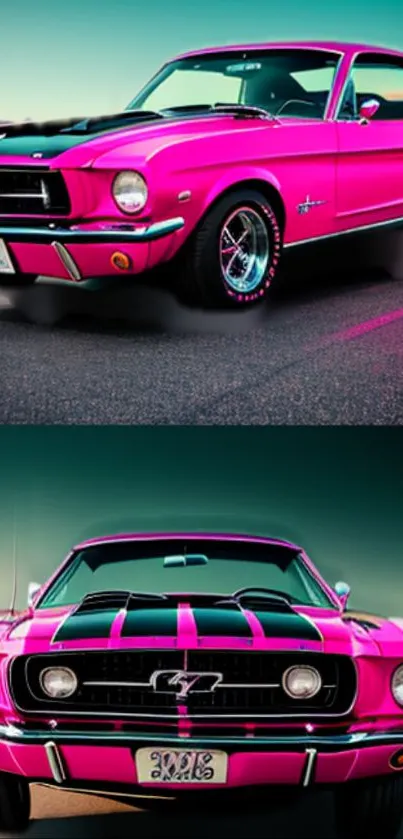 Vibrant pink vintage muscle car on asphalt in detailed wallpaper design.