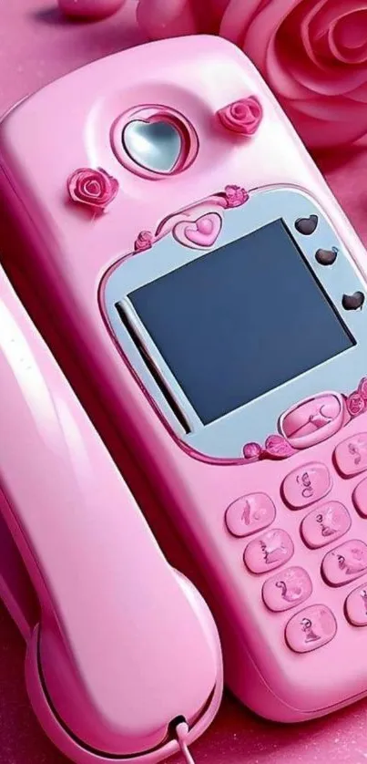 Vintage pink phone with floral decorations and roses.