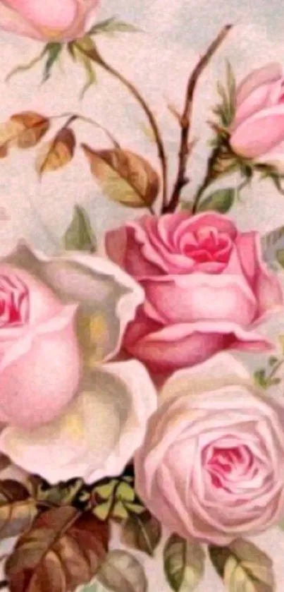 Vintage wallpaper with elegant pink roses.