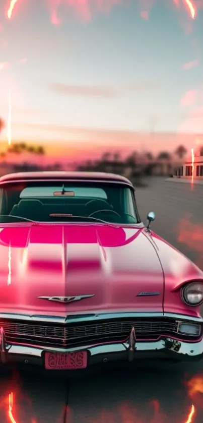 Vintage pink car on sunset road with palm trees and flaming accents.