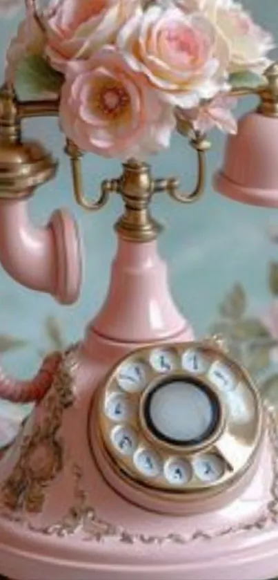 Vintage pink rotary telephone with floral accents.