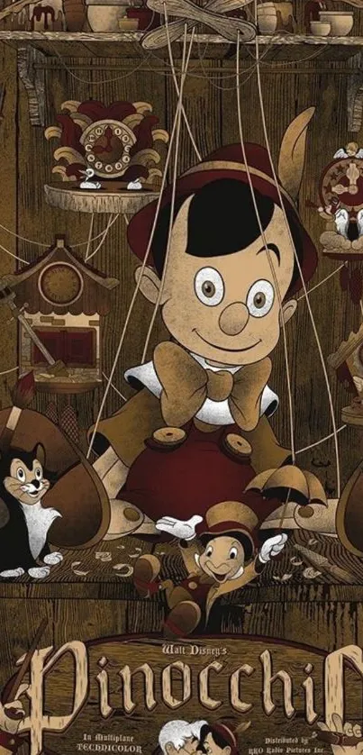 Vintage Pinocchio illustration mobile wallpaper.