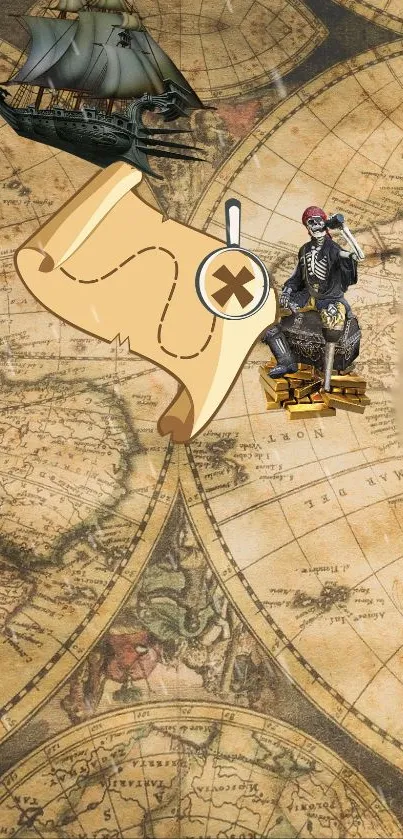 Vintage pirate map with treasure and ship.