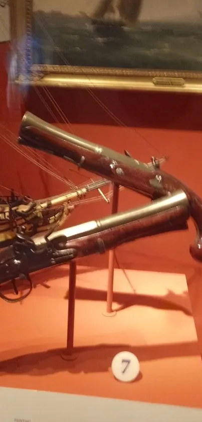 Vintage pistols on display in a museum setting, showcasing maritime art.