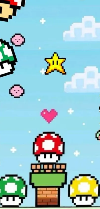 Colorful pixel art wallpaper featuring retro gaming elements.