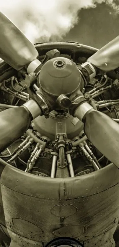 Closeup of a vintage plane engine in sepia tone.