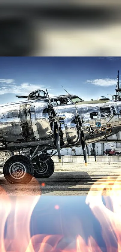 Silver vintage airplane with flames overlay design.