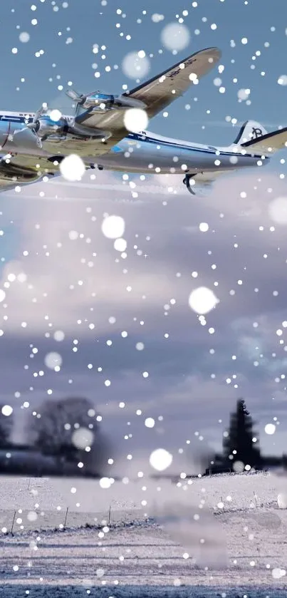 Vintage plane flying above a snowy winter landscape with scattered clouds.
