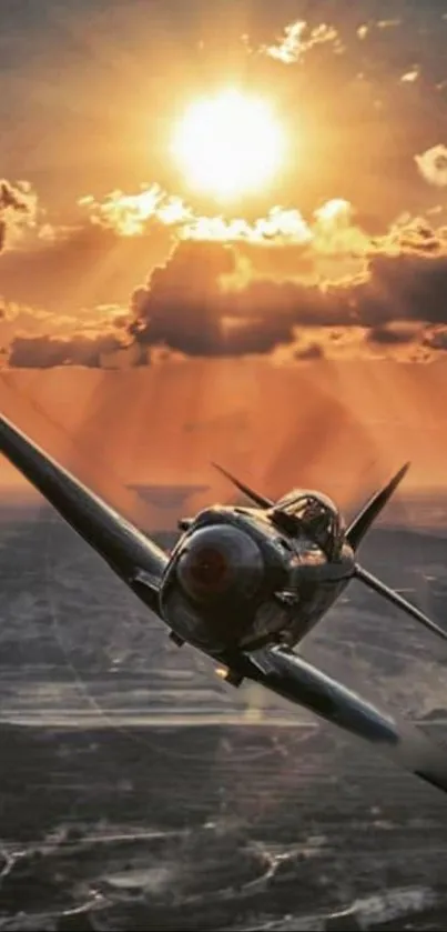 Vintage airplane soaring through sunset clouds.