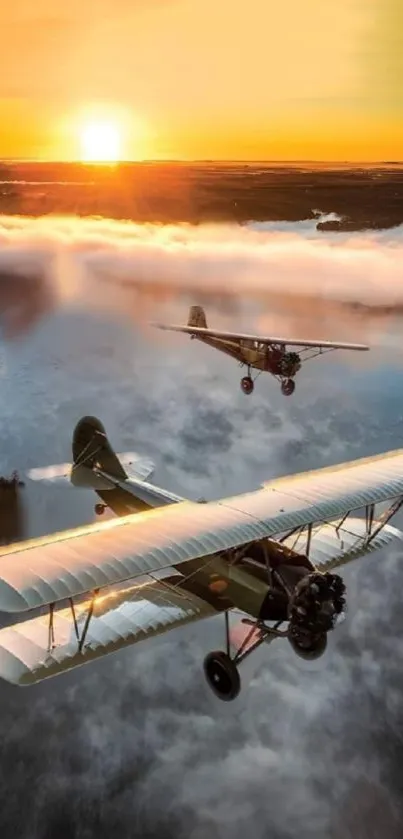 Vintage planes flying above clouds in a sunset sky.