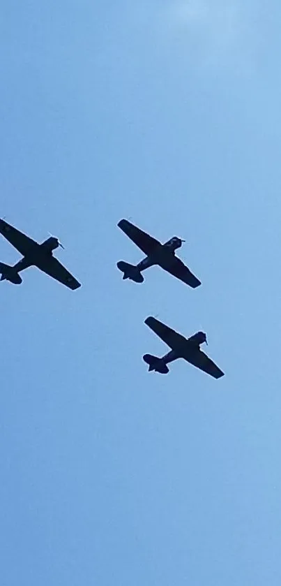 Three vintage aircraft silhouettes against a light blue sky.