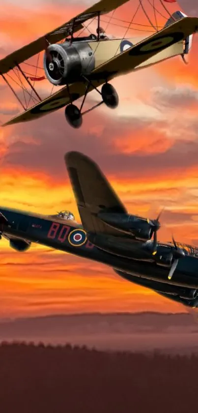 Vintage airplanes flying in a vibrant sunset sky.