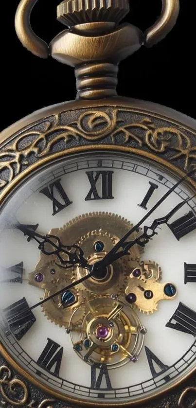 Intricate vintage pocket watch with brass gears and Roman numerals.