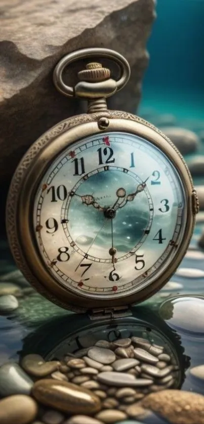 Vintage pocket watch with rocks and water reflection.