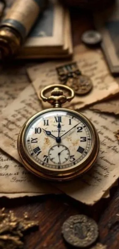 Vintage pocket watch on old letters with medals, evoking historical nostalgia.