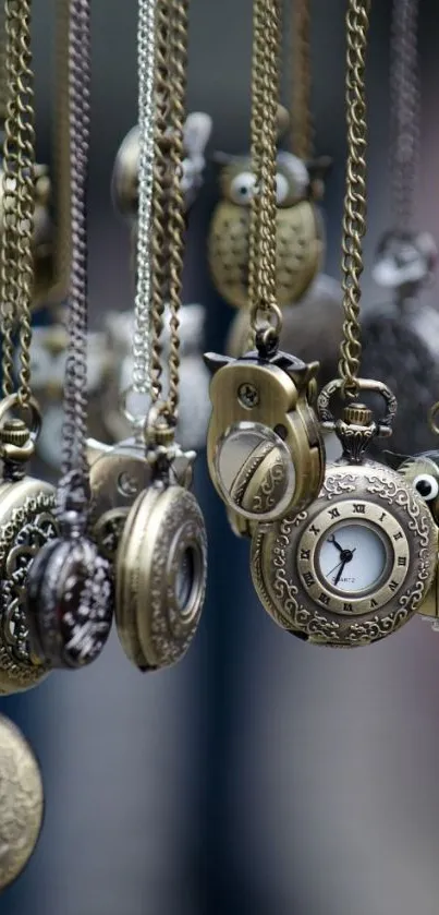 Vintage pocket watches hanging elegantly with intricate designs.