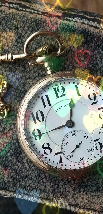 Vintage pocket watch resting on an old book with a gold chain.