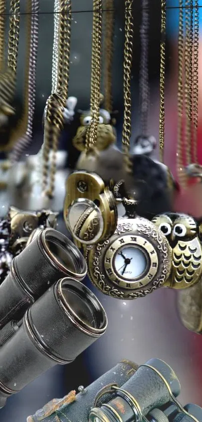 Assorted vintage pocket watch charms in brass and silver tones hanging decoratively.