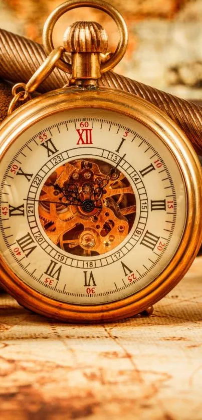 Vintage pocket watch with intricate clockwork detail on a map background.