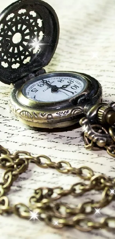 Antique bronze pocket watch with ornate chain on vintage background.