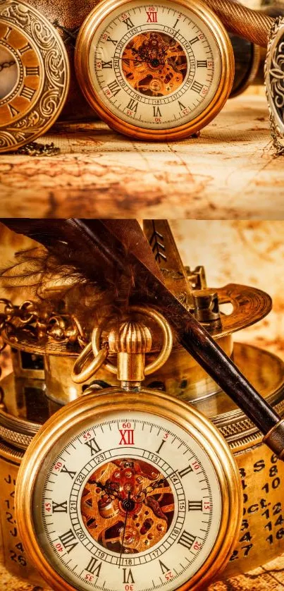 Vintage pocket watch with gold gears and antique design on a rustic background.