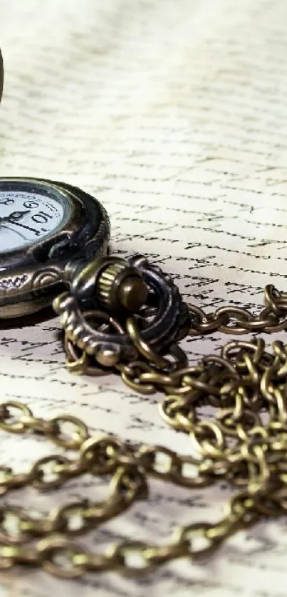 Vintage pocket watch with chain on aged paper background.