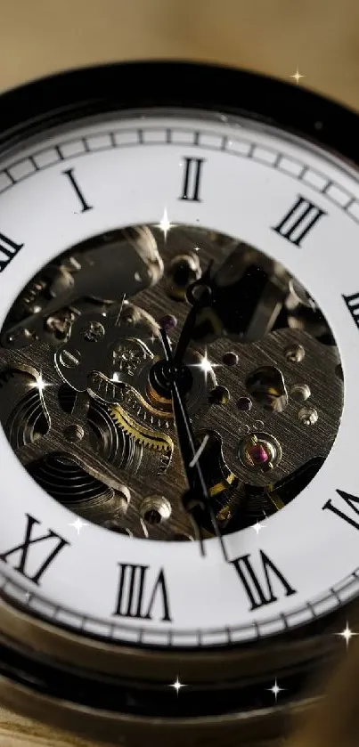 Vintage pocket watch with open cover and visible gears.