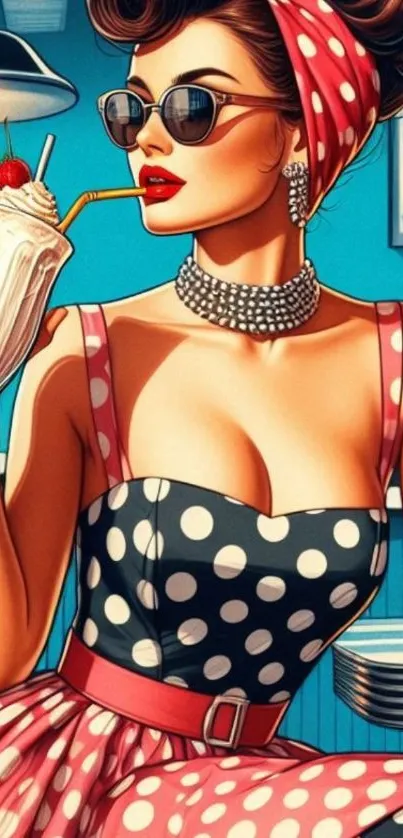 Retro woman sipping milkshake, pop art style.