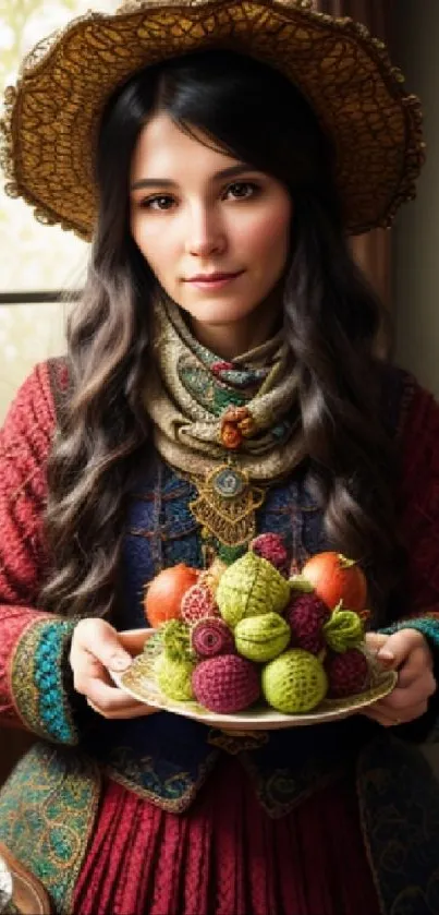 Vintage dressed woman holding a fruit plate by a window.