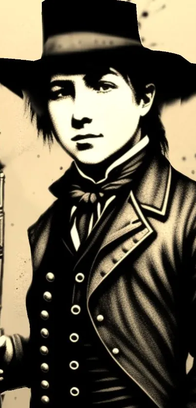 Vintage-style sepia mobile wallpaper of a young man in historical attire.