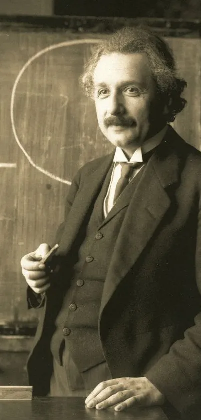 Vintage style portrait of a professor with a chalkboard.