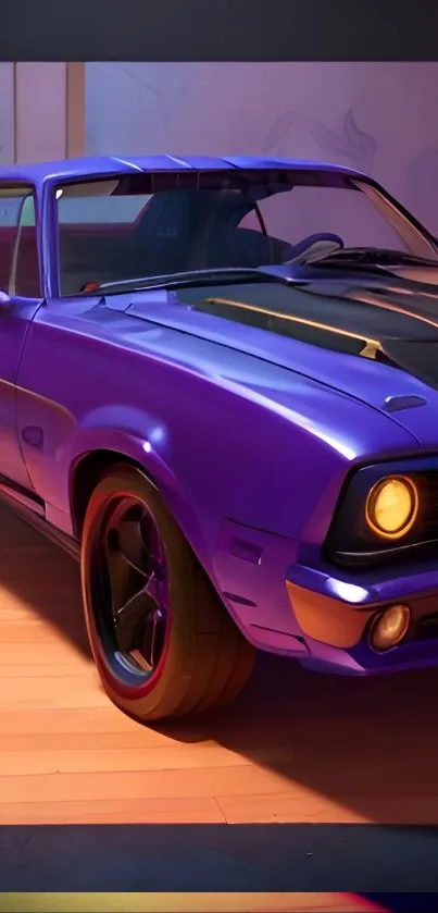 Vintage purple muscle car with glowing headlights.