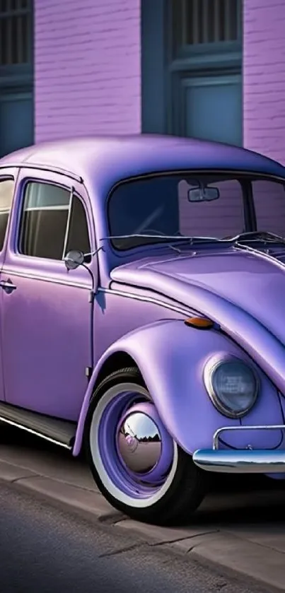 A vibrant purple vintage car parked in front of a stylish brick building.