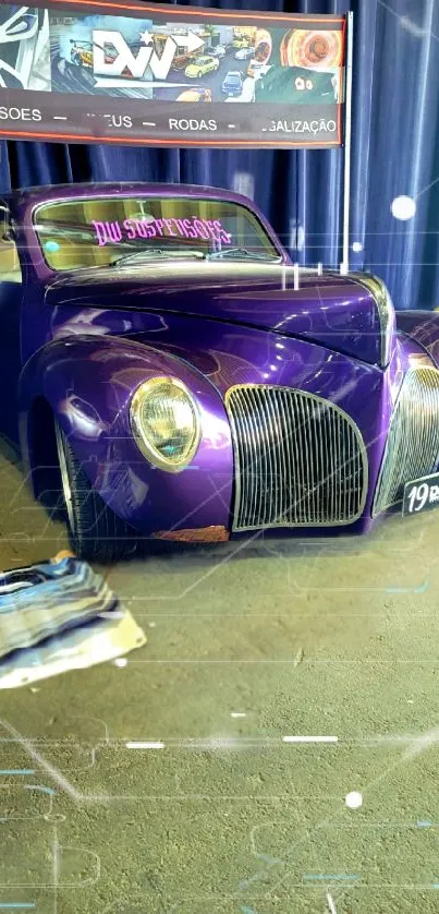 Vintage purple car with chrome accents showcased in artistic wallpaper.